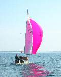 Blue Lightning sailing with pink spinnaker in the Baltic, May 2004