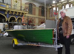 Rob Holroyd's Hazardous-zero9 arrives at the Dinghy Show. Don Hearn holds the trailer. 