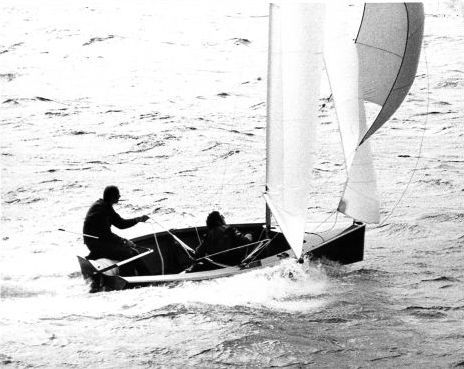 Patrick Blake helms a Hysteria - MR 2988 'Moonshadow' at Salcombe Merlin Week,  c1975. The designer is crewing. (photo: Robert O'Neill)